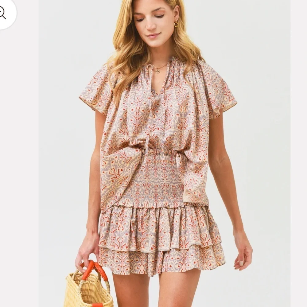 Charina Sarte Ikat Wide Smocked Waist Tiered Ruffle Cotton Mini Skirt Size Small - Picture 11 of 11